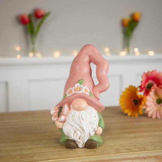 7" Pink & Green Spring Flowers Gnome Figurine